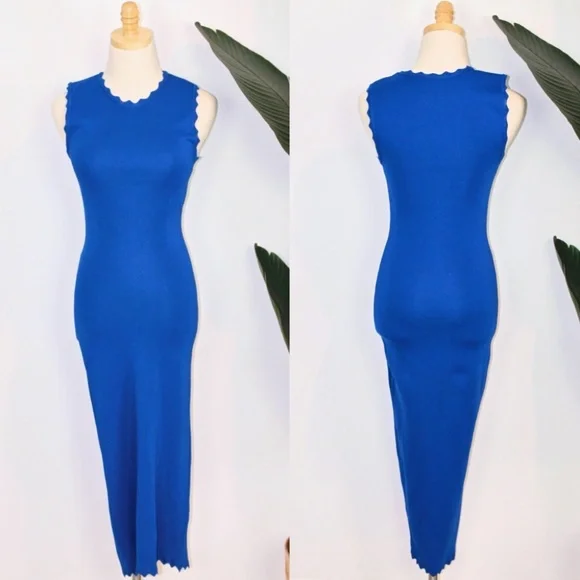 slim fit dress slacks Zara Blue Sleeveless Halter Ruched Pencil Bodycon Midi Formal Cocktail –  Brie main image 1